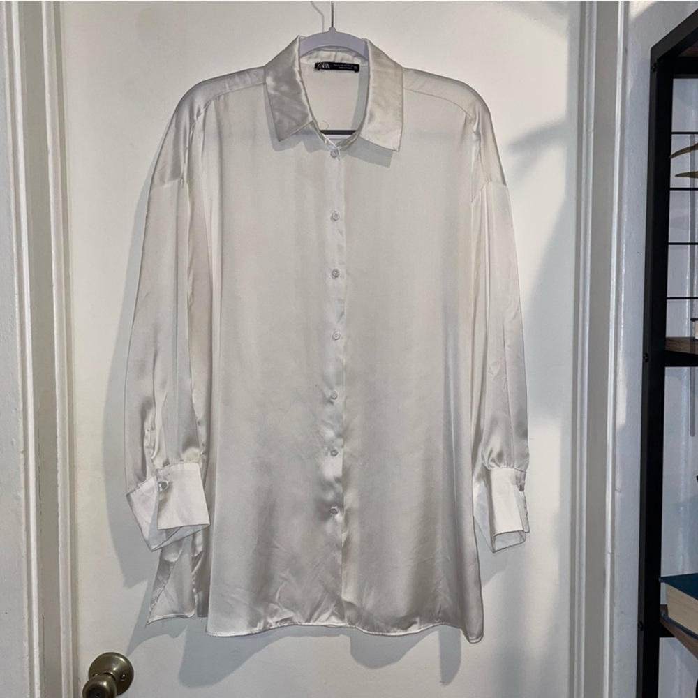 Oversized White Satin Button Down Top